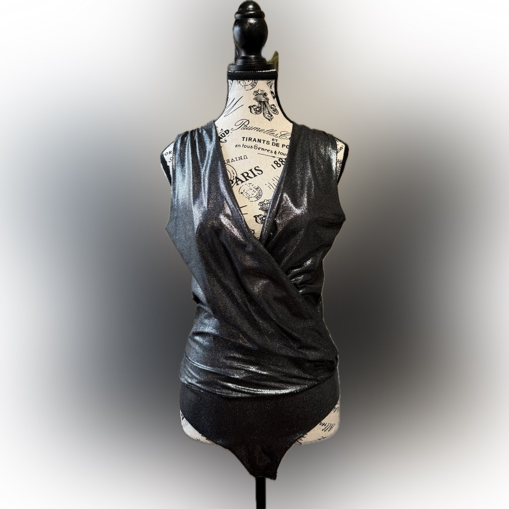 Commando Metallic Bodysuit Silver Black Shimmer Sleeveless Size L